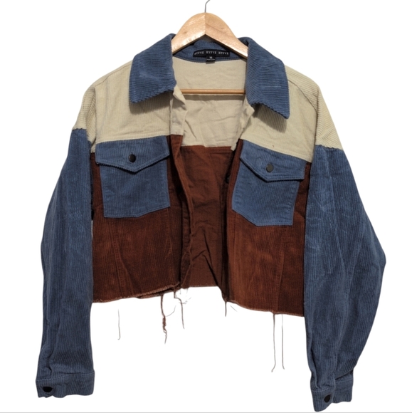 HYFVE Colorblock Corduroy Semi Cropped Jacket Raw Hem Blue Brown White size Med - Picture 2 of 9